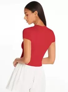 SHEIN BASICS Camiseta unicolor forma ajustada - Rojo - Ver 2