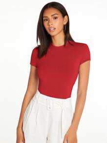 SHEIN BASICS Camiseta unicolor forma ajustada - Rojo - Ver 3