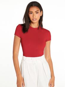 SHEIN BASICS Camiseta unicolor forma ajustada - Rojo - Ver 4