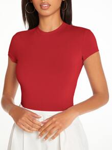SHEIN BASICS Camiseta unicolor forma ajustada - Rojo - Ver 5