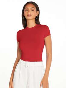 SHEIN BASICS Camiseta unicolor forma ajustada - Rojo - Ver 6