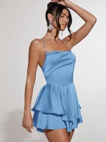 SHEIN BAE Áo liền quần nữ Lộ Lưng Vắt Ren lên phân lớp màu trơn Gợi cảm - Màu xanh nhạt - Xem 3