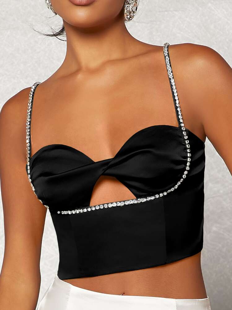 SHEIN BAE Cut Out Rhinestone Chain Strap Twist Front Satin Cami Top - Black - View 1