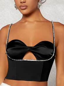 SHEIN BAE Cut Out Rhinestone Chain Strap Twist Front Satin Cami Top - Black - View 4