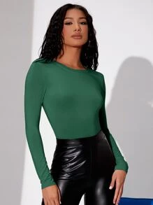 SHEIN BAE Áo liền quần ôm nữ màu trơn Giải trí - màu xanh lá - Xem 4