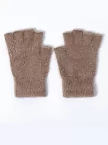 Solid Fluffy Fingerless Gloves - Khaki - View 1