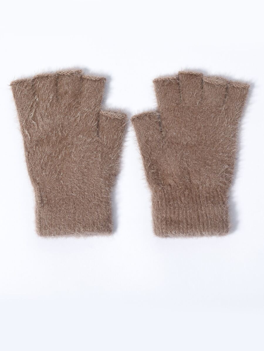 Solid Fluffy Fingerless Gloves - Khaki - View 1
