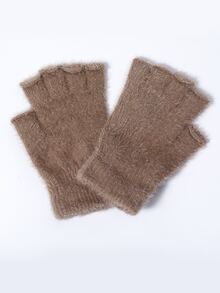 Solid Fluffy Fingerless Gloves - Khaki - View 2
