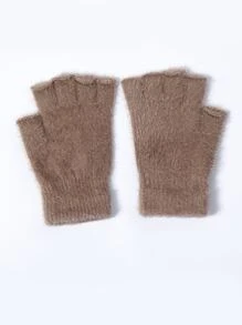 Solid Fluffy Fingerless Gloves - Khaki - View 3