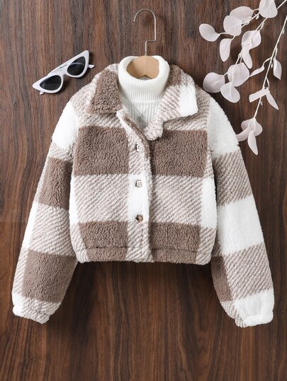 Tween Girl Buffalo Plaid Print Drop Shoulder Teddy Jacket Without Sweater