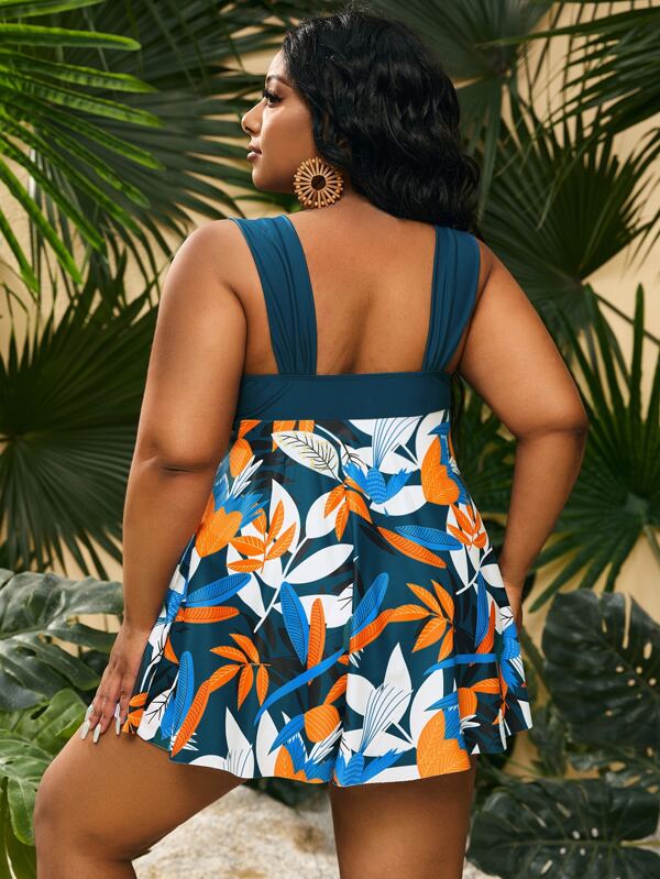 SHEIN Swim Classy Plus Tropical Print Tankini Set Flowy Wrap Swim Cami