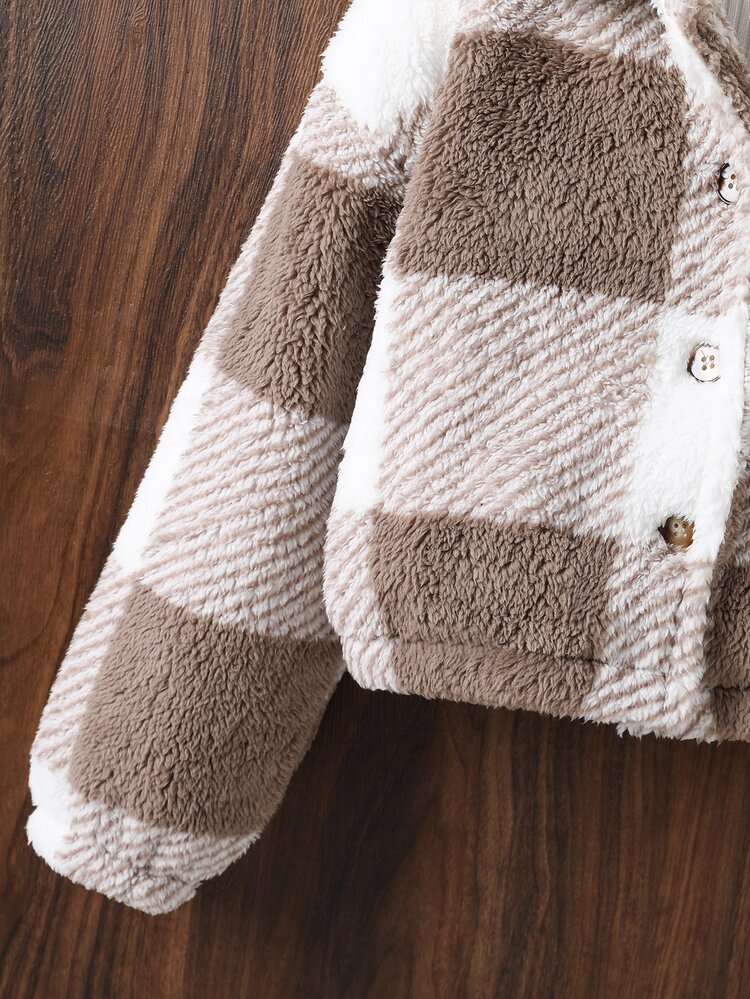 ティーンガール バッファローチェック柄ドロップショルダーテディジャケット、セーターなし