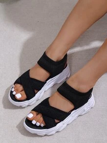 交叉帶運動涼鞋,舒適時尚的交叉帶女式厚底運動圓頭涼鞋 - 黑色 - 查看 4