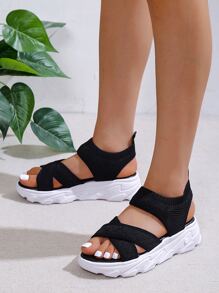 交叉帶運動涼鞋,舒適時尚的交叉帶女式厚底運動圓頭涼鞋 - 黑色 - 查看 5