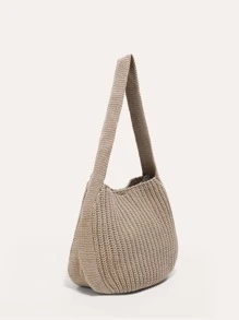 大容量復古針織捧包，休閒手工編織女士手提包，肩背手編鉤花沙灘包，簡約純色女士捧包，大型編織旅行化妝包， Y2k款錢包，校園斜跨包，可愛手提包 - 卡其色 - 查看 2