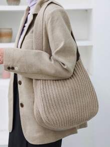 大容量復古針織捧包，休閒手工編織女士手提包，肩背手編鉤花沙灘包，簡約純色女士捧包，大型編織旅行化妝包， Y2k款錢包，校園斜跨包，可愛手提包 - 卡其色 - 查看 3