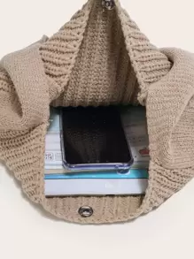 大容量復古針織捧包，休閒手工編織女士手提包，肩背手編鉤花沙灘包，簡約純色女士捧包，大型編織旅行化妝包， Y2k款錢包，校園斜跨包，可愛手提包 - 卡其色 - 查看 5