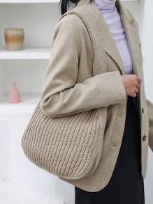 大容量復古針織捧包，休閒手工編織女士手提包，肩背手編鉤花沙灘包，簡約純色女士捧包，大型編織旅行化妝包， Y2k款錢包，校園斜跨包，可愛手提包 - 卡其色 - 查看 8