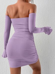 SHEIN PETITE Off Shoulder Knot Front Ruched Bodycon Dress - Lilac Purple - View 2
