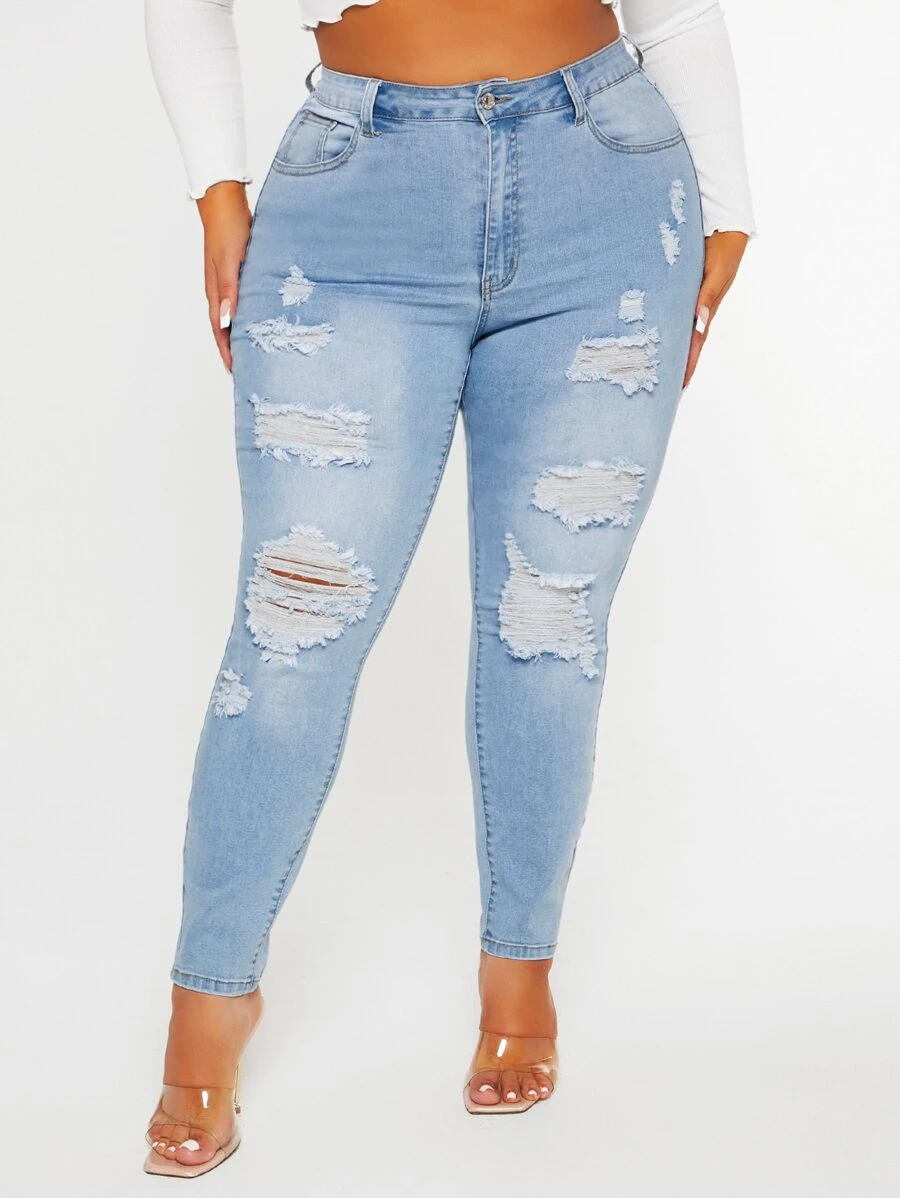 SHEIN SXY 大碼破洞緊身牛仔褲 - 淺色水洗藍 - 查看 1