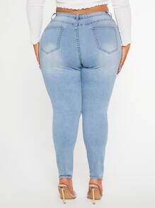 SHEIN SXY 大碼破洞緊身牛仔褲 - 淺色水洗藍 - 查看 2