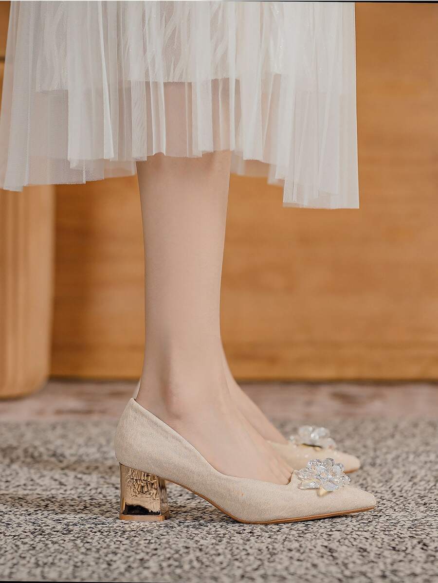 Beaded Decor Chunky Heeled Court Pumps - Apricot - View 1