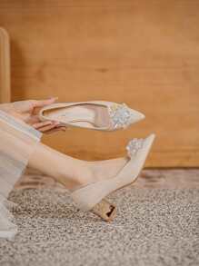 Beaded Decor Chunky Heeled Court Pumps - Apricot - View 2