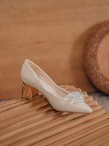 Beaded Decor Chunky Heeled Court Pumps - Apricot - View 3