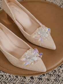 Beaded Decor Chunky Heeled Court Pumps - Apricot - View 4