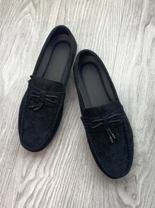 Men Suedette Bow Decor Loafers - Black - View 4