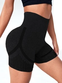 Easithlete Vertical Striped Scrunch Butt Tummy Control Sports Cycling Shorts - Black - View 2