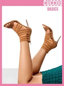 Multi Strap Stiletto Heeled Ankle Strap Sandals - Brown - View 1