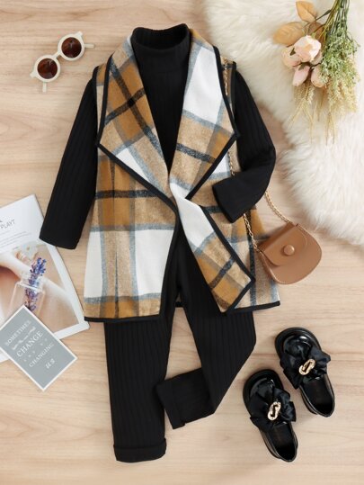 Toddler Girls Mock Neck Tee & Plaid Vest Coat & Pants