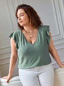 SHEIN Frenchy Plus Eyelet Embroidery Scallop Trim Tee - Mint Green - View 5