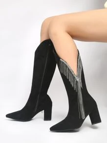 Giày bốt Nữ Thời trang Pha lê kim cương mép màu trơn Dây kéo bên Hấp dẫn - màu đen - Xem 1
