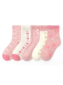 5雙小女童心和花卉圖案中筒襪