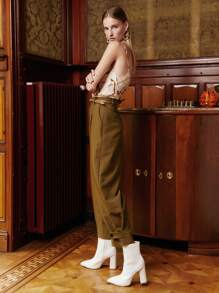 MOTF PREMIUM Quần nữ Nút Túi Dây kéo màu trơn Thanh lịch - màu nâu - Xem 3