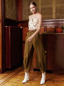 MOTF PREMIUM Quần nữ Nút Túi Dây kéo màu trơn Thanh lịch - màu nâu - Xem 4