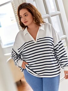 SHEIN Frenchy Plus Striped Print Drop Shoulder Sweatshirt - White - View 2
