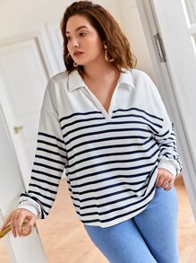 SHEIN Frenchy Plus Striped Print Drop Shoulder Sweatshirt - White - View 3