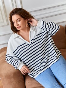 SHEIN Frenchy Plus Striped Print Drop Shoulder Sweatshirt - White - View 5
