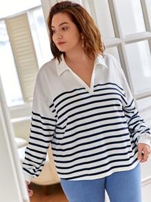 SHEIN Frenchy Plus Striped Print Drop Shoulder Sweatshirt - White - View 6