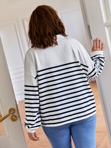 SHEIN Frenchy Plus Striped Print Drop Shoulder Sweatshirt - White - View 7