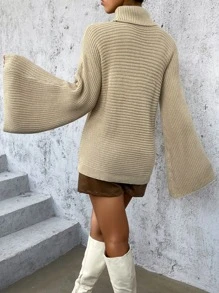 SHEIN Essnce Turtle Neck Trumpet Sleeve Jumper - Khaki - View 2