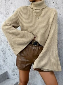 SHEIN Essnce Turtle Neck Trumpet Sleeve Jumper - Khaki - View 4