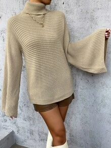 SHEIN Essnce Turtle Neck Trumpet Sleeve Jumper - Khaki - View 5