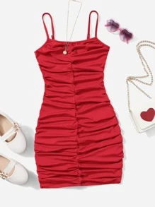 SHEIN Girlism 纯色褶饰贴身细肩带连衣裙，适合少女