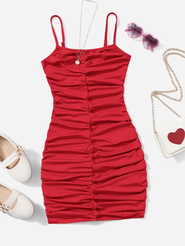 SHEIN Girlism Solid Color Ruched Form-Fitting Spaghetti Strap Dress For Teen Girls