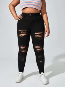 SHEIN EZwear Quần Denim kích thước lớn Nút Bị tách Dây kéo màu trơn - màu đen - Xem 1