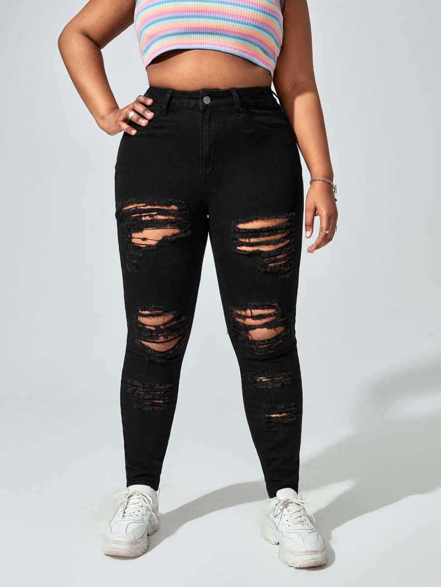 SHEIN EZwear Quần Denim kích thước lớn Nút Bị tách Dây kéo màu trơn - màu đen - Xem 1